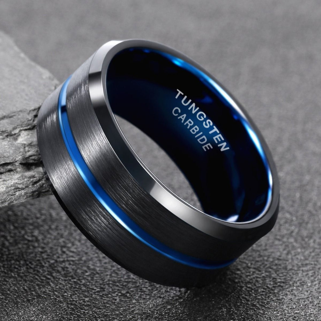10mm Blue&Black Mens Tungsten Carbide Ring Blue Line Design Women Wedding Bands