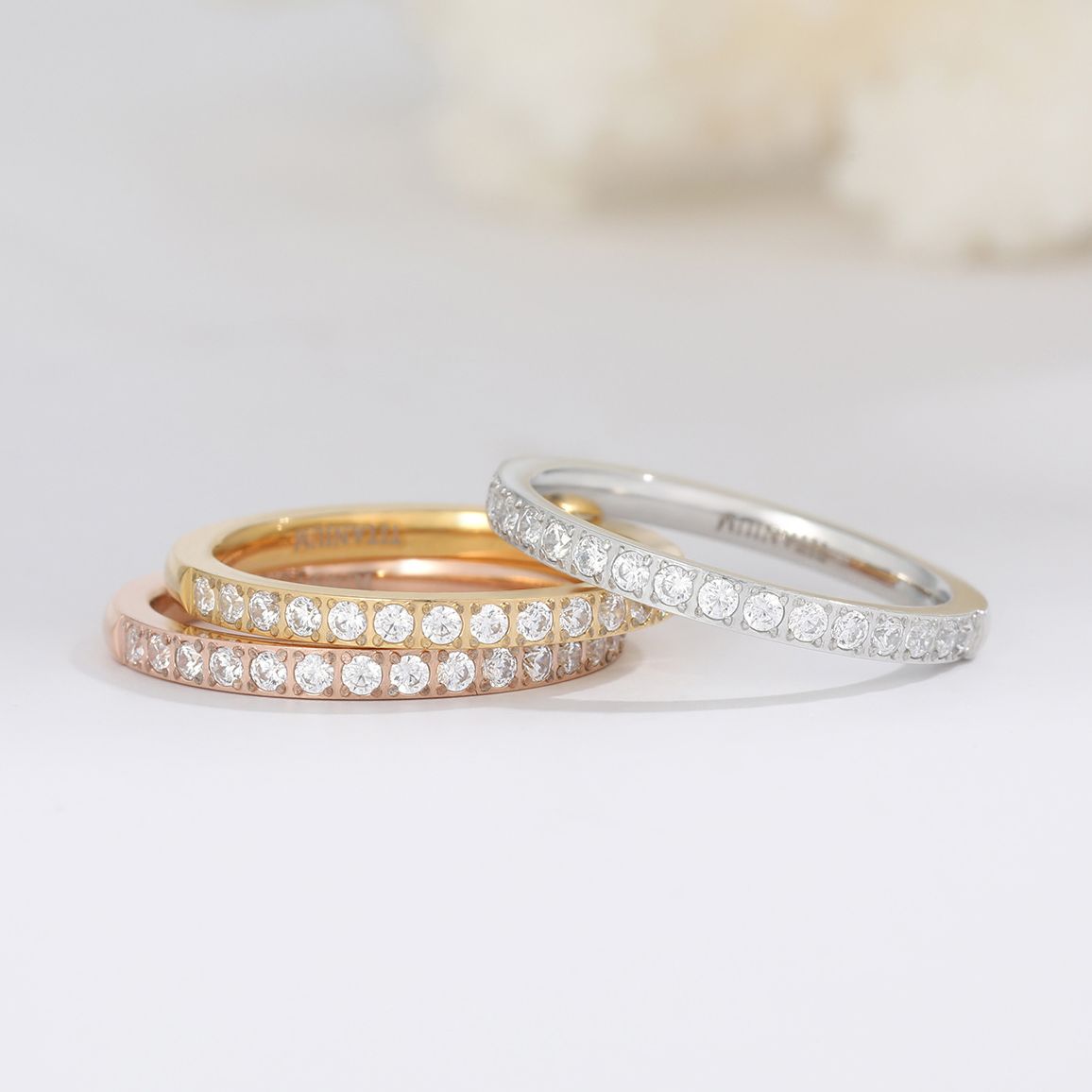 2mm Gold Color Women Titanium Ring Half Cubic Zirconia Engagement Wedding Bands