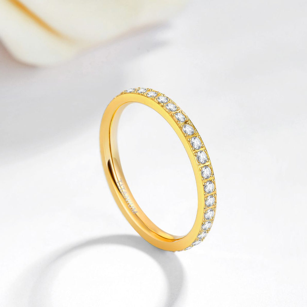 2mm Gold Color Women Titanium Rings Cubic Zirconia Engagement Wedding Bands