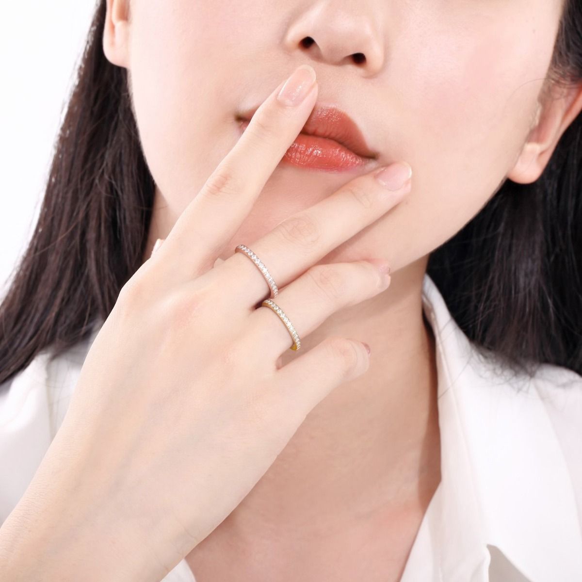 2mm Gold Color Women Titanium Rings Cubic Zirconia Engagement Wedding Bands