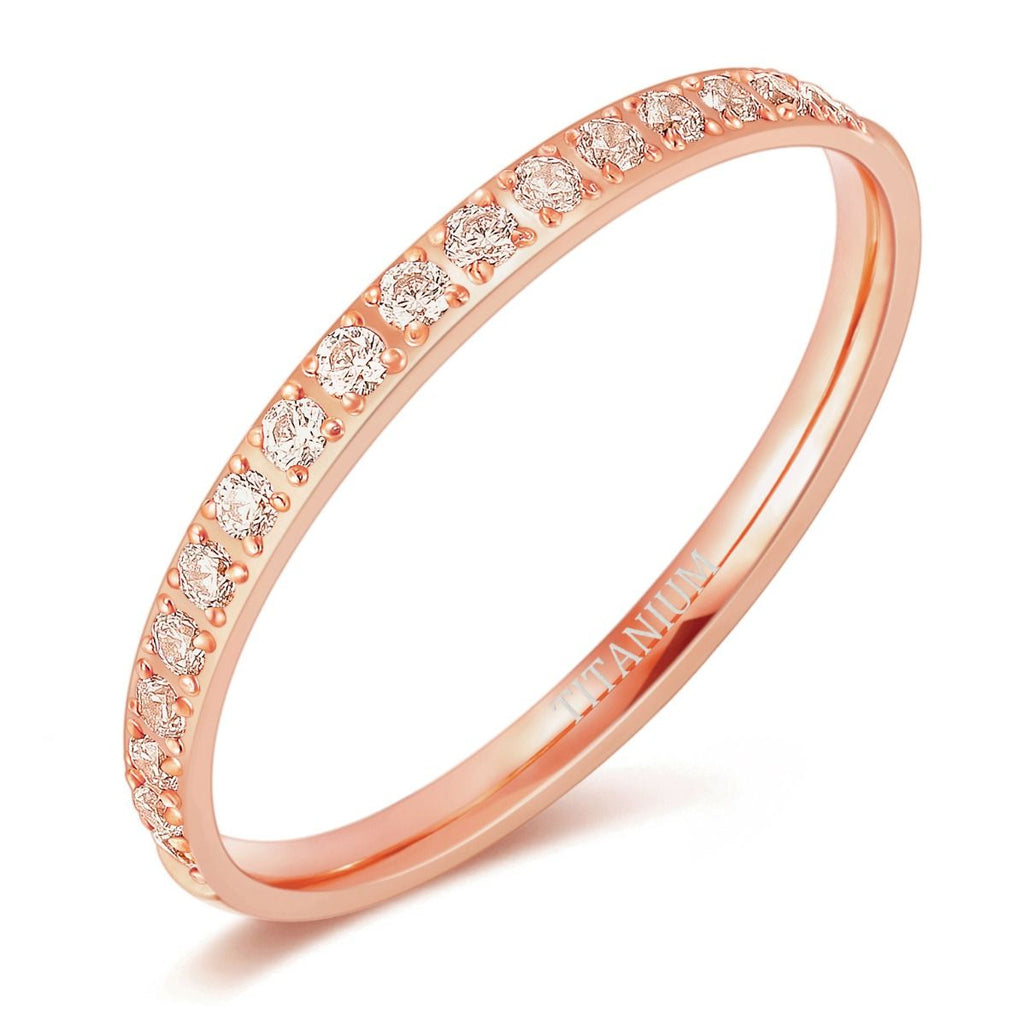 2mm Rose Gold Color Women Titanium Ring Half Cubic Zirconia Engagement Wedding Bands