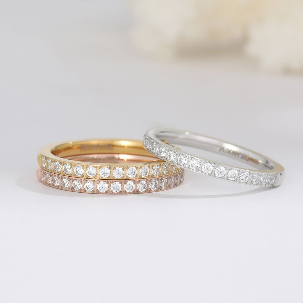 2mm Rose Gold Color Women Titanium Ring Half Cubic Zirconia Engagement Wedding Bands