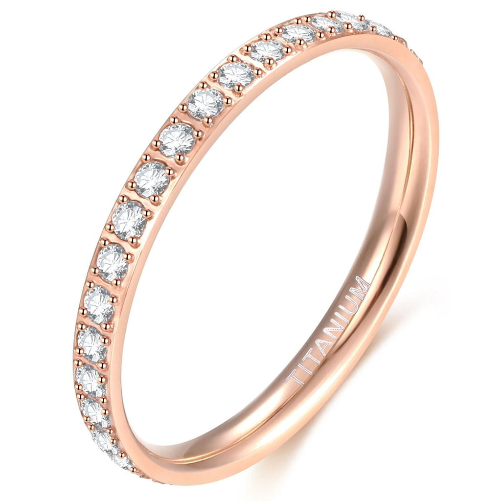 2mm Rose Gold Women Titanium Rings Cubic Zirconia Engagement Wedding Bands