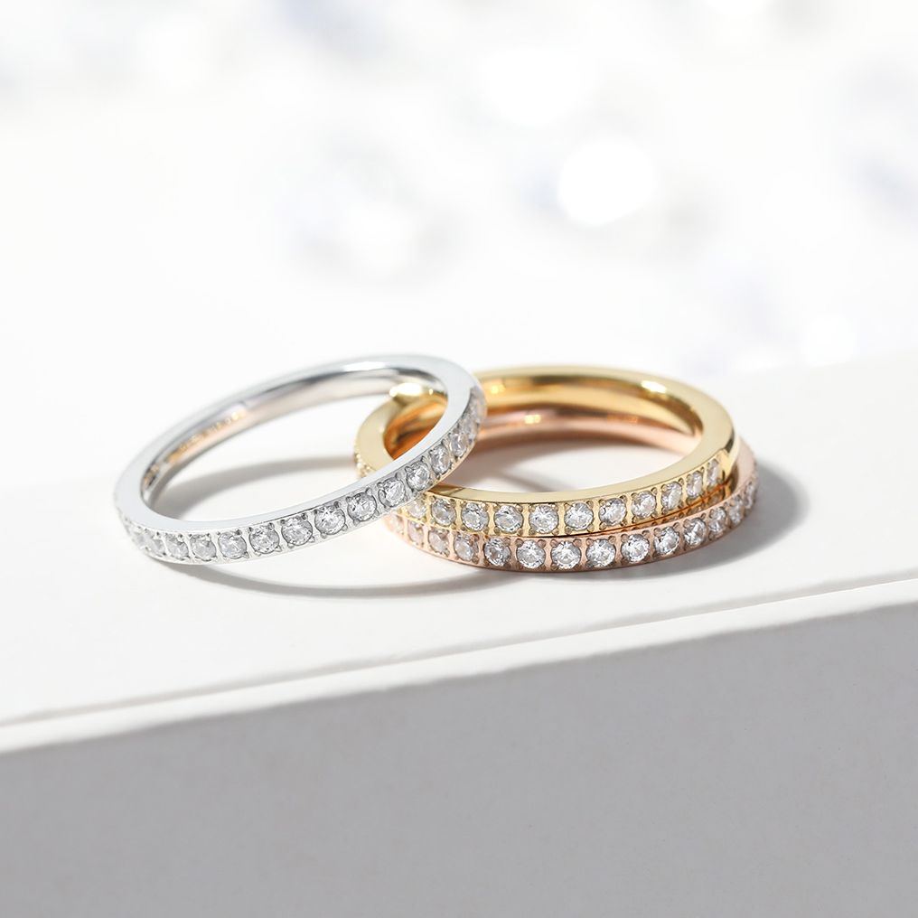 2mm Silver Color Women Titanium Ring Half Cubic Zirconia Engagement Wedding Bands