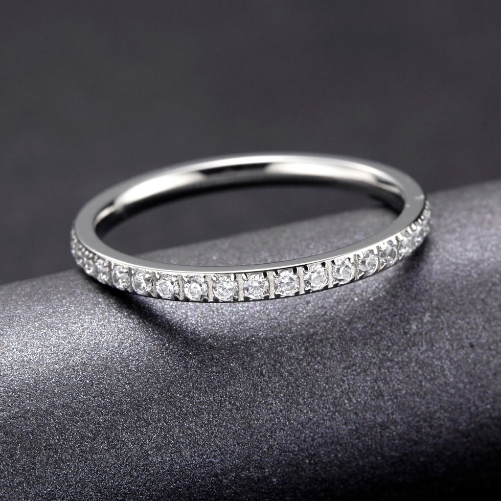 2mm Silver Women Titanium Rings Cubic Zirconia Engagement Wedding Bands