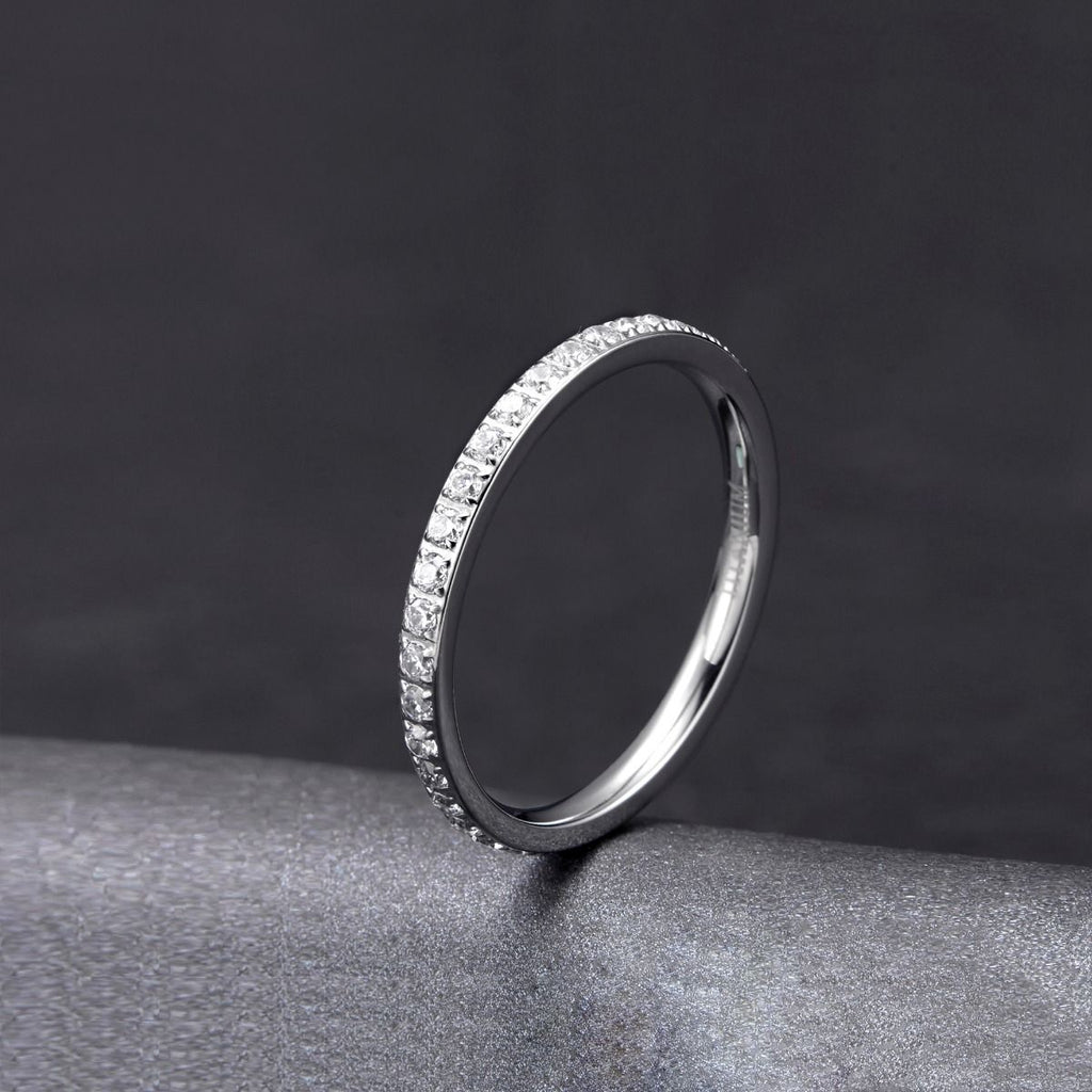 2mm Silver Women Titanium Rings Cubic Zirconia Engagement Wedding Bands