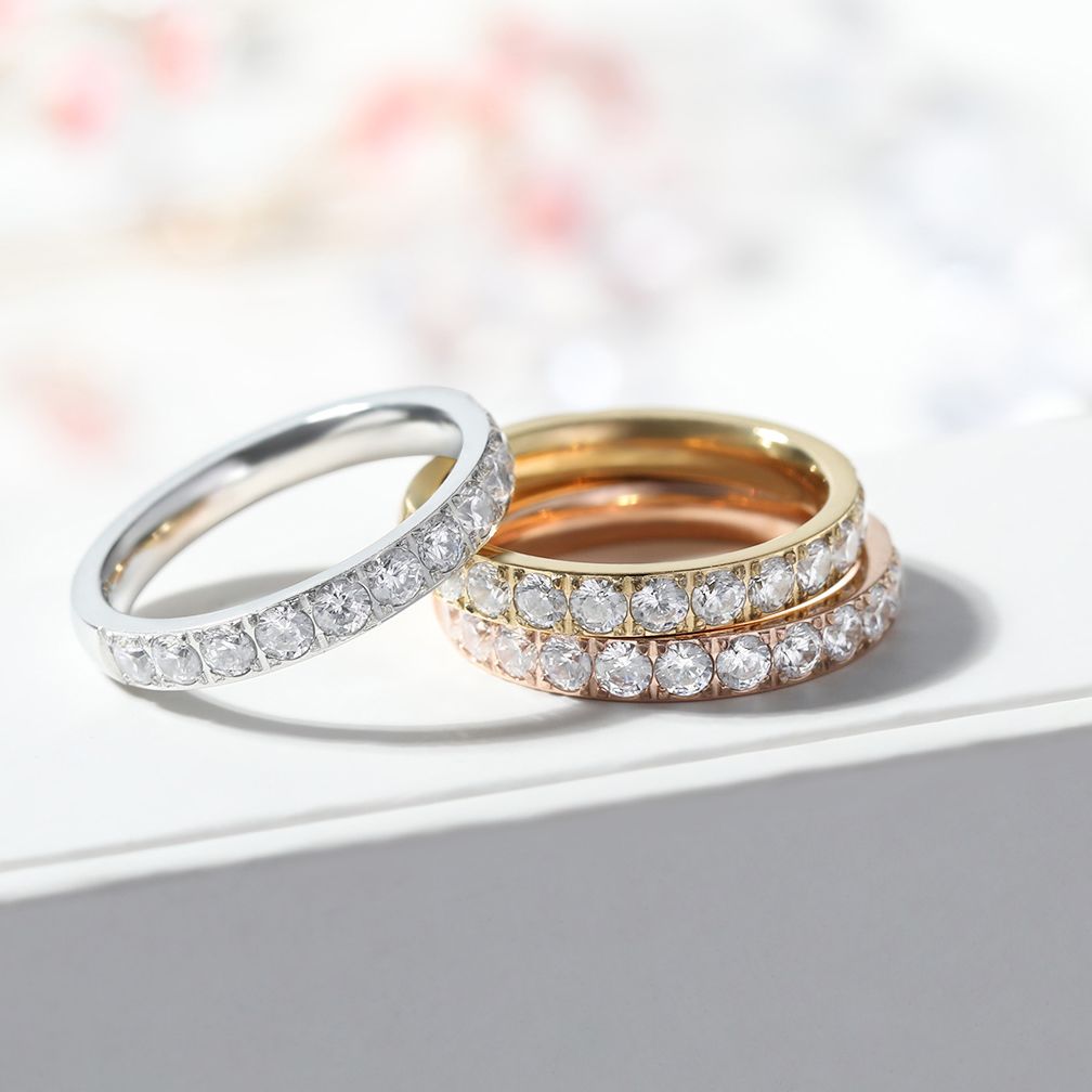 3mm Gold Color Titanium Rings For Women Half Cubic Zirconia Wedding Engagement Bands