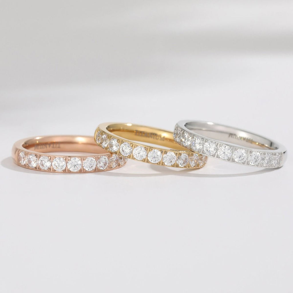 3mm Rose Gold Titanium Rings For Women Half Cubic Zirconia Wedding Engagement Bands