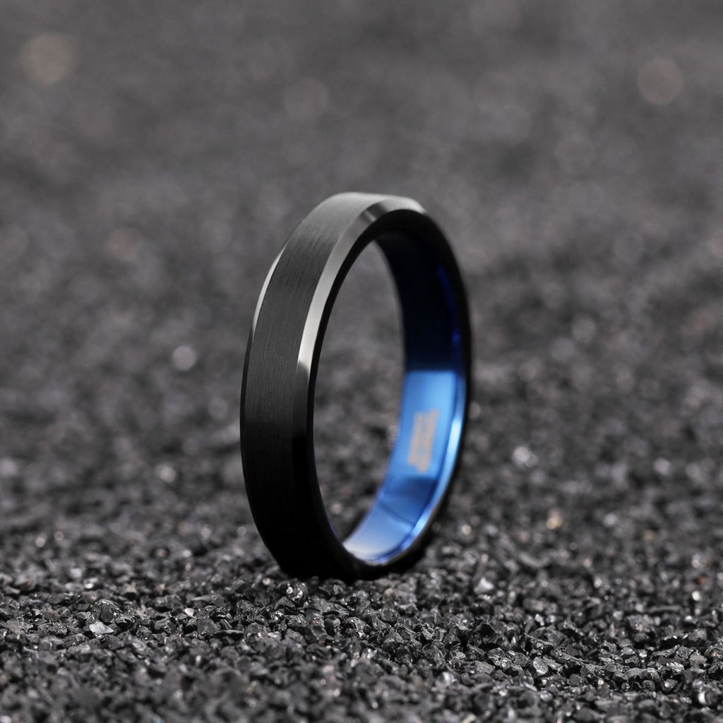 4mm Black Tungsten Carbide Rings Brushed Blue Inner Ring Engagement Wedding Bands