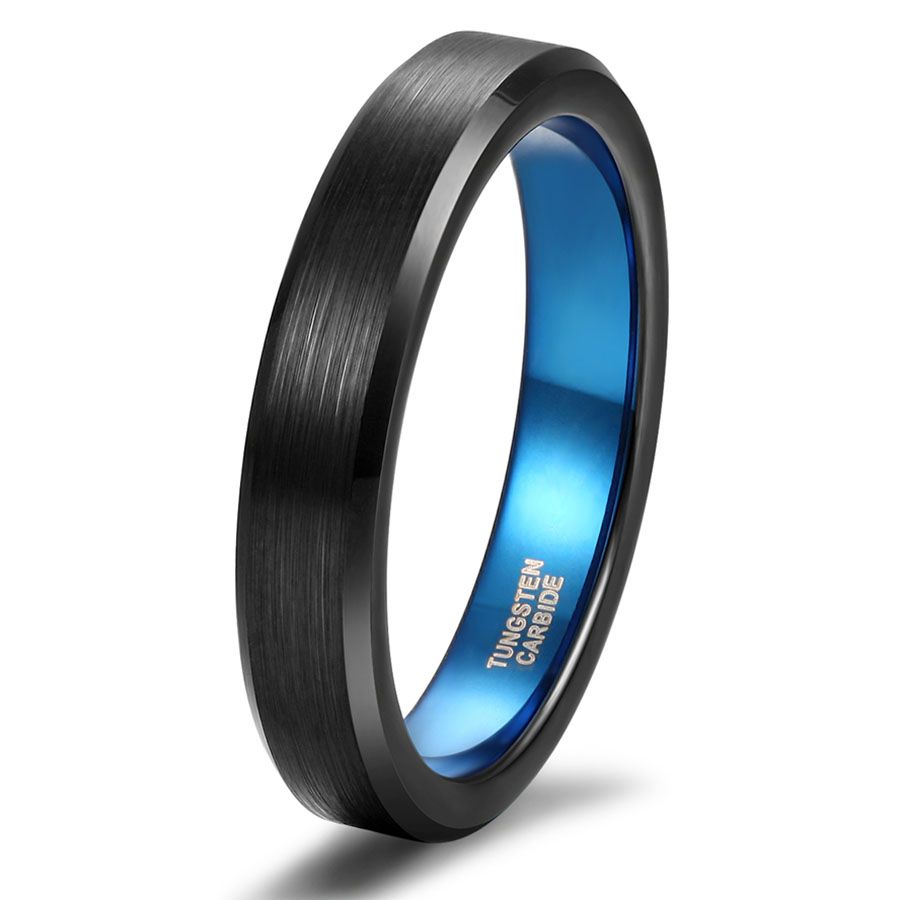 4mm Black Tungsten Carbide Rings Brushed Blue Inner Ring Engagement Wedding Bands