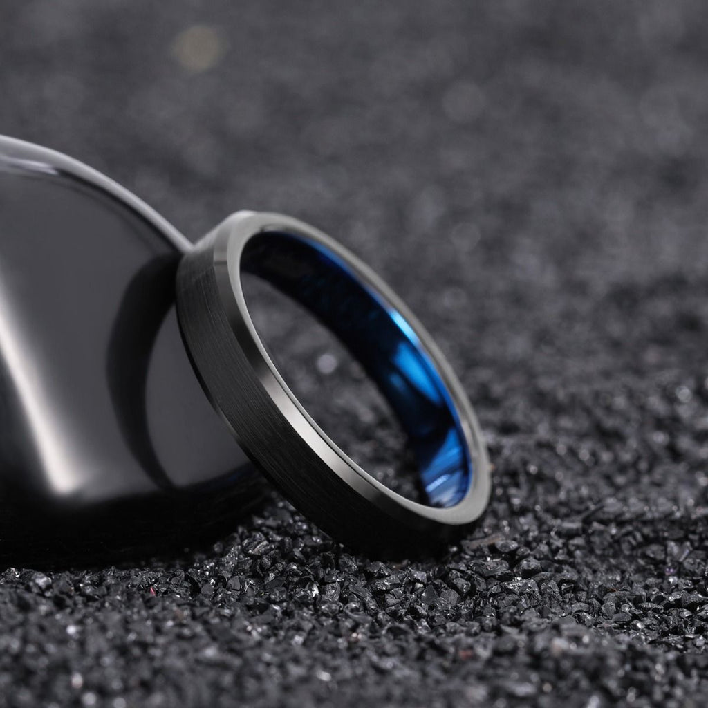 4mm Black Tungsten Carbide Rings Brushed Blue Inner Ring Engagement Wedding Bands