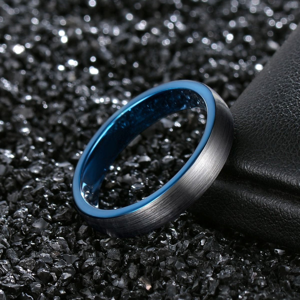 4mm Dark Silver Tungsten Carbide Ring Men Dome Brushed Wedding Bands Blue Inner Ring