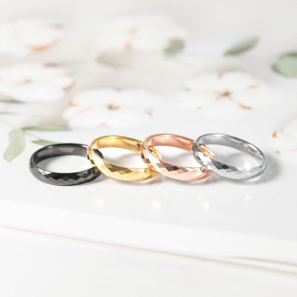 4mm Men Women Multi-Faceted Tungsten Carbide Rings Gold Color Engagement Bands