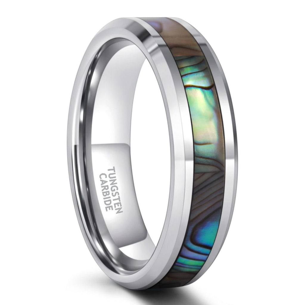6mm Abalone Shell Inlay Tungsten Carbide Ring Man Polished Finish Mens Wedding Bands