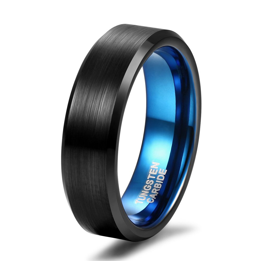 6mm Black Tungsten Carbide Rings Brushed Blue Inner Ring Engagement Wedding Bands