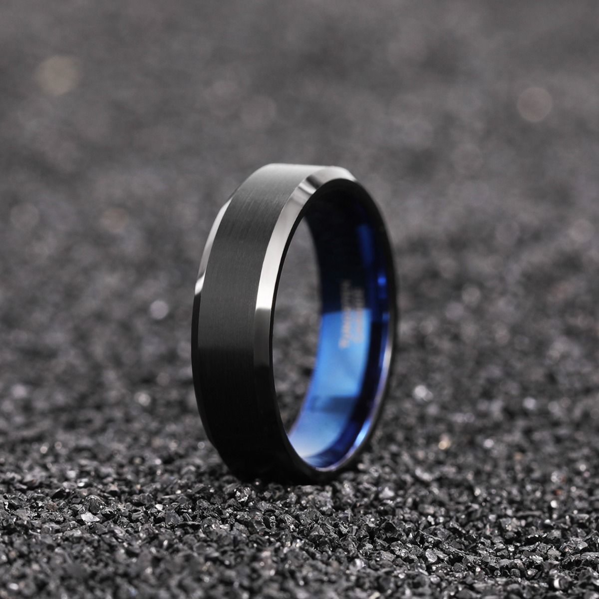 6mm Black Tungsten Carbide Rings Brushed Blue Inner Ring Engagement Wedding Bands