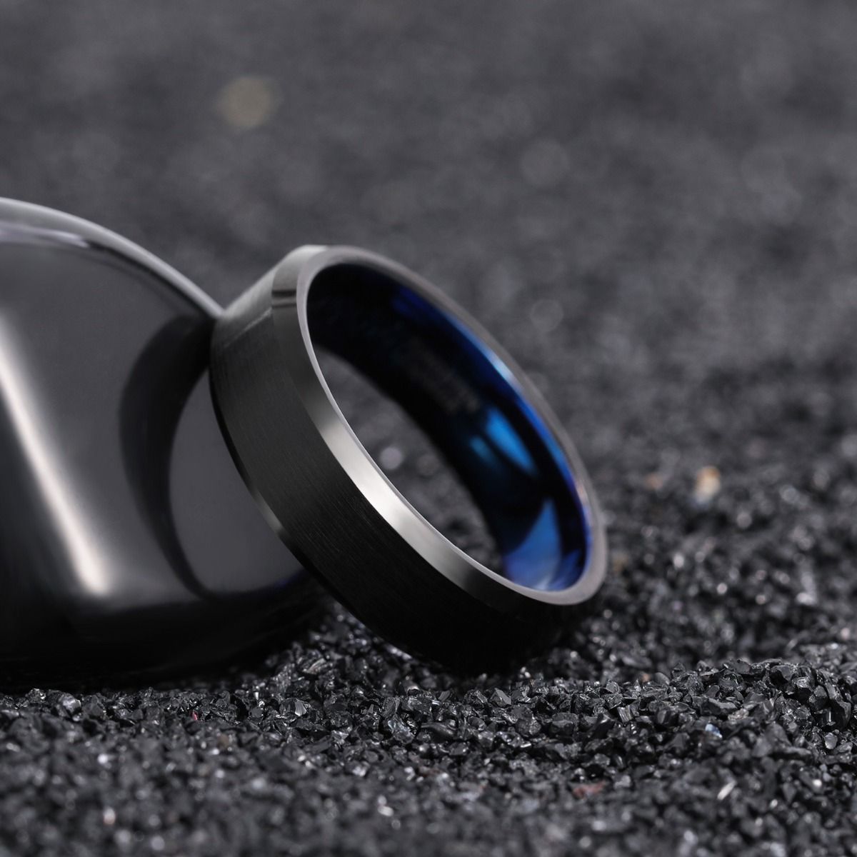 6mm Black Tungsten Carbide Rings Brushed Blue Inner Ring Engagement Wedding Bands