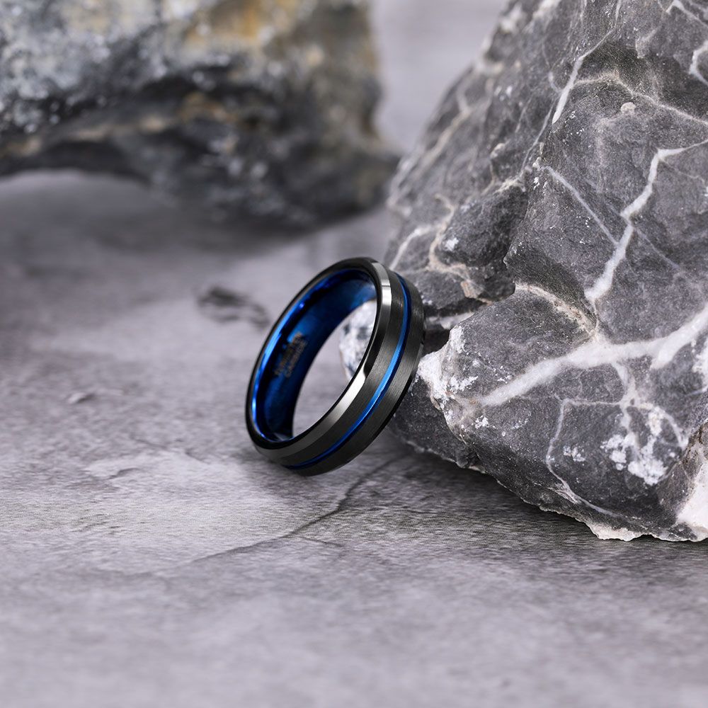 6mm Blue&Black Mens Tungsten Carbide Ring Blue Line Design Women Wedding Bands