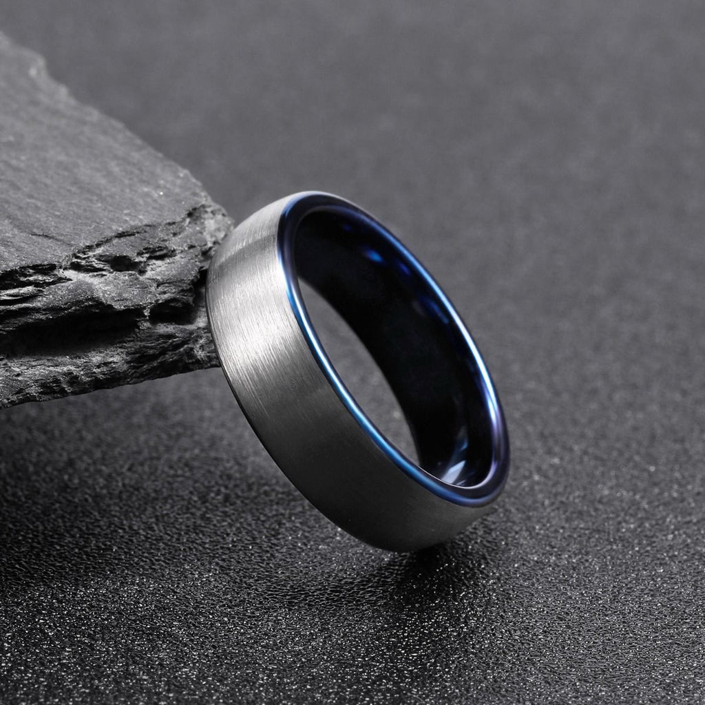 6mm Dark Silver Tungsten Carbide Ring Men Dome Brushed Wedding Bands Blue Inner Ring