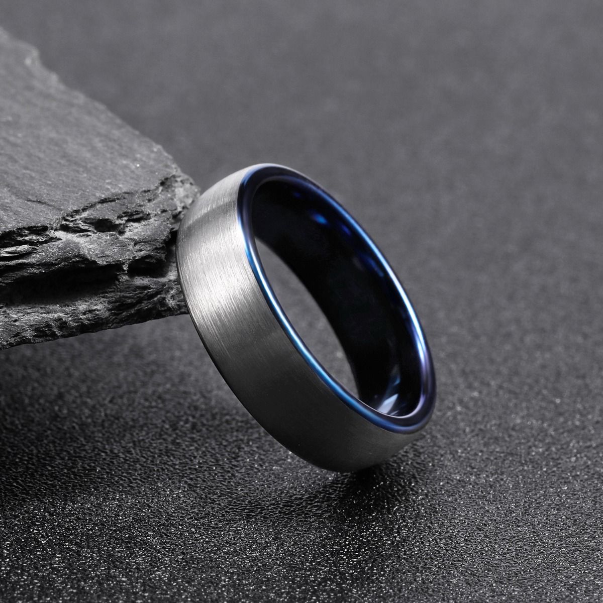 6mm Dark Silver Tungsten Carbide Ring Men Dome Brushed Wedding Bands Blue Inner Ring