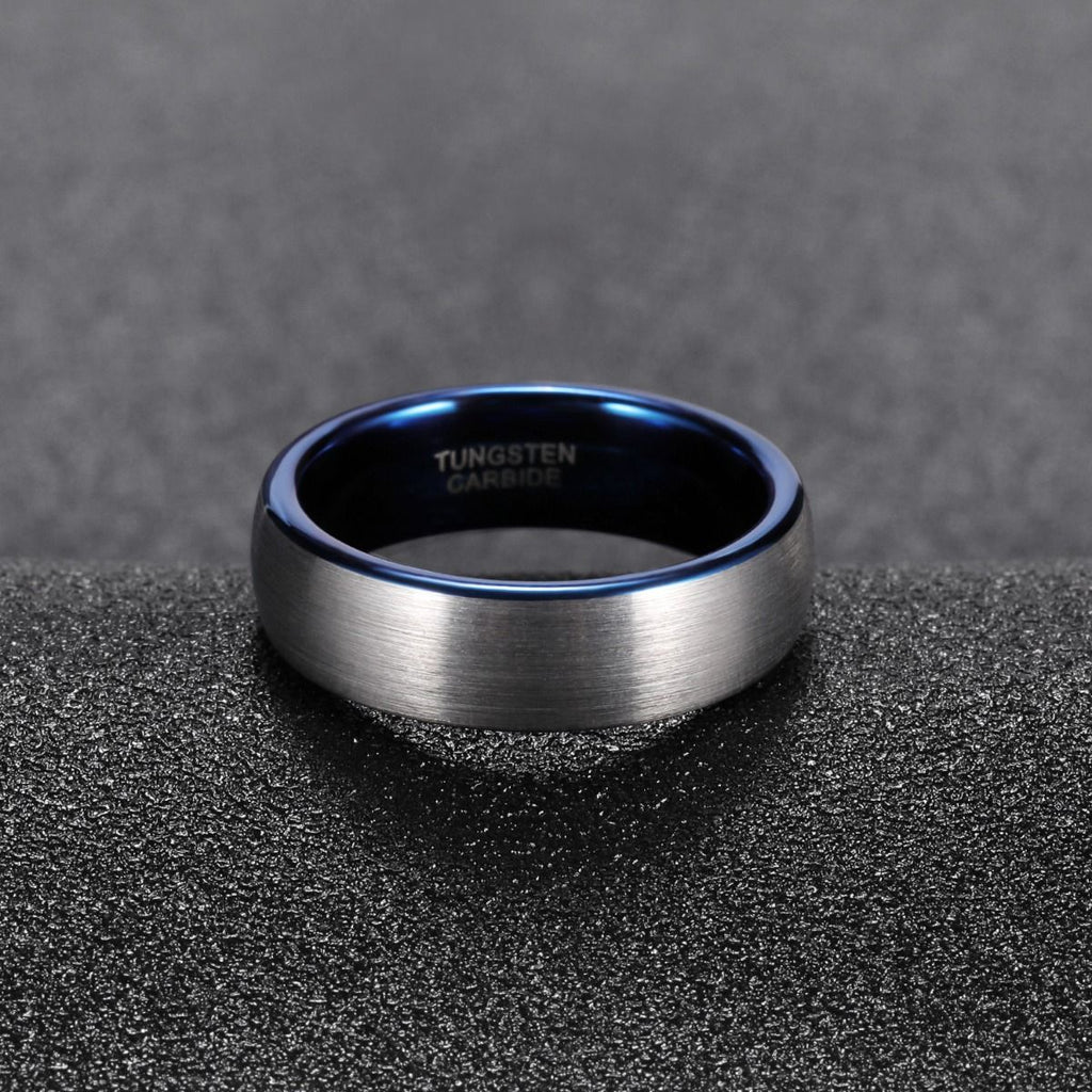 6mm Dark Silver Tungsten Carbide Ring Men Dome Brushed Wedding Bands Blue Inner Ring