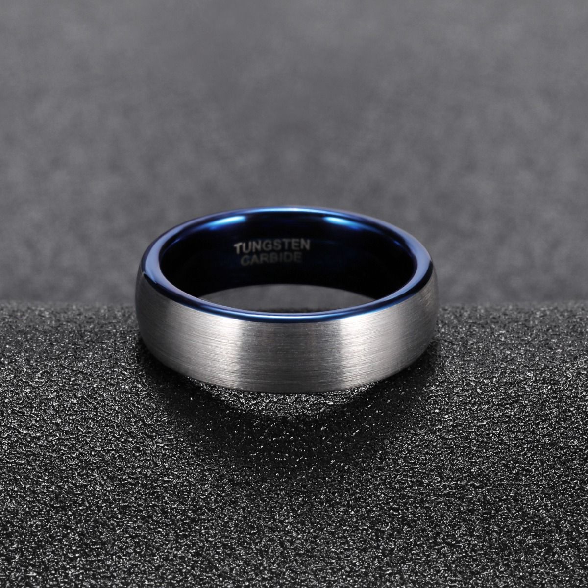 6mm Dark Silver Tungsten Carbide Ring Men Dome Brushed Wedding Bands Blue Inner Ring