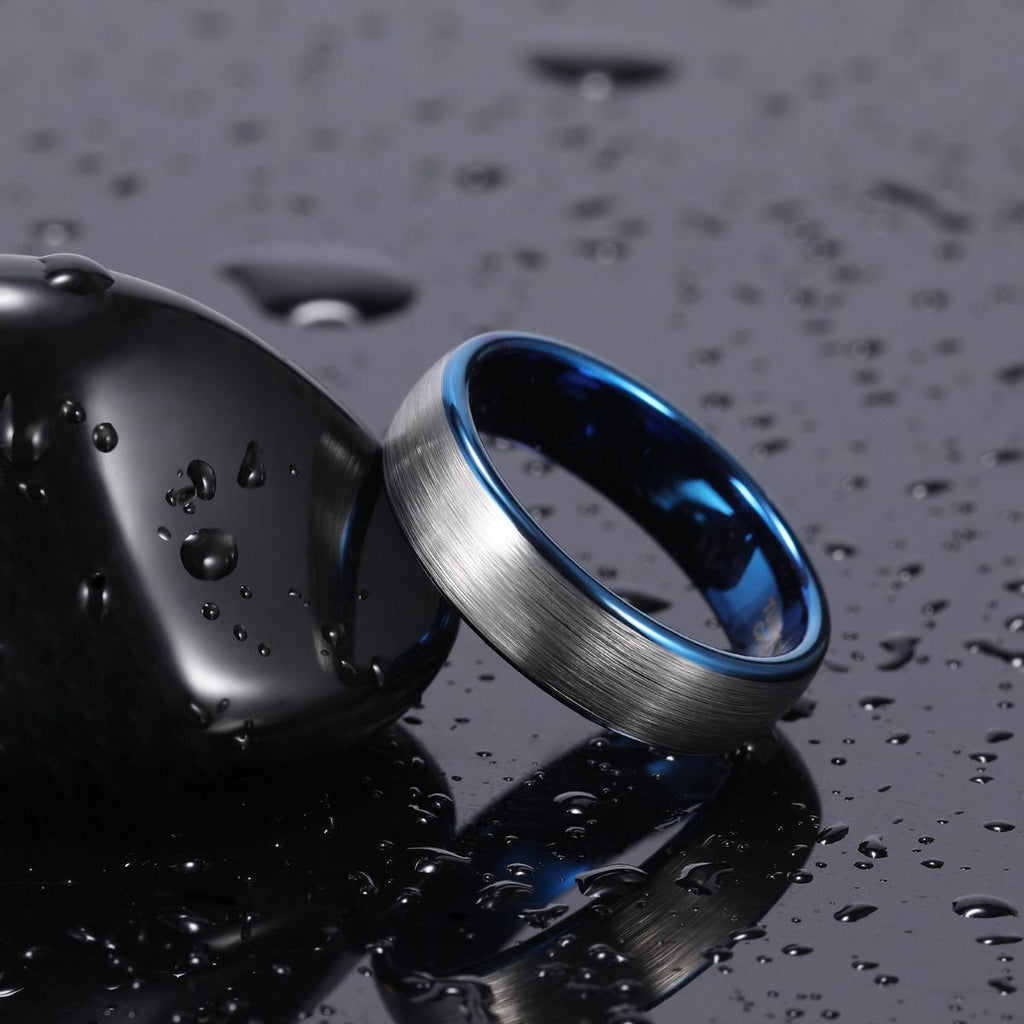 6mm Dark Silver Tungsten Carbide Ring Men Dome Brushed Wedding Bands Blue Inner Ring