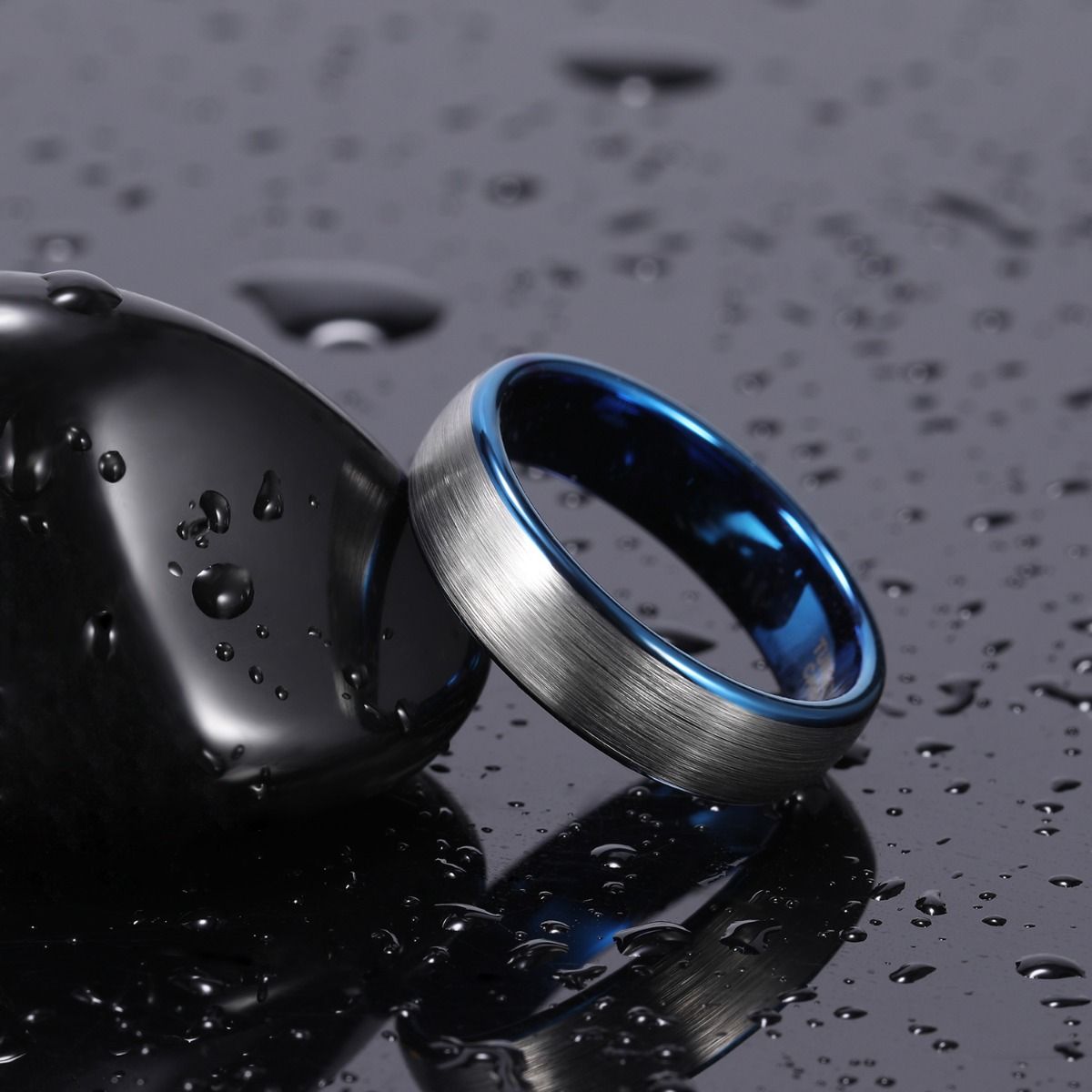 6mm Dark Silver Tungsten Carbide Ring Men Dome Brushed Wedding Bands Blue Inner Ring