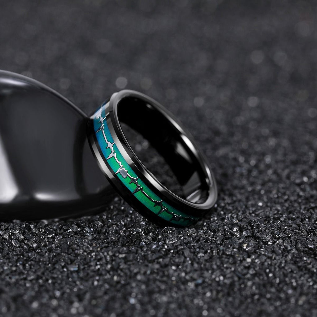 6mm EKG Heartbeat Black Tungsten Ring Men Women Color Changing Latest Design Tungsten Ring For Couple