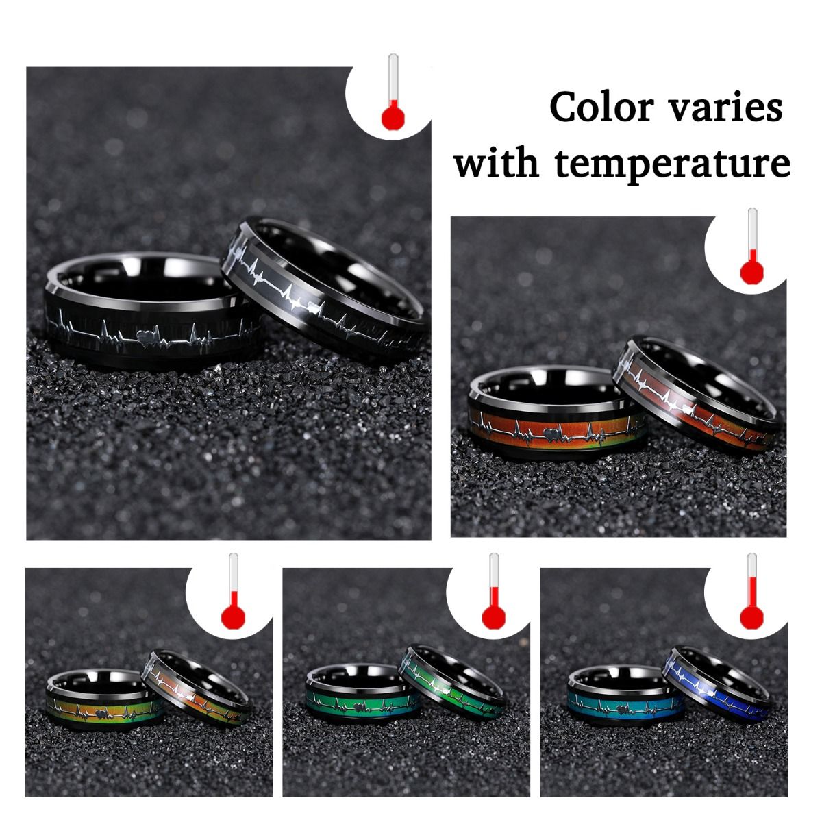 6mm EKG Heartbeat Black Tungsten Ring Men Women Color Changing Latest Design Tungsten Ring For Couple