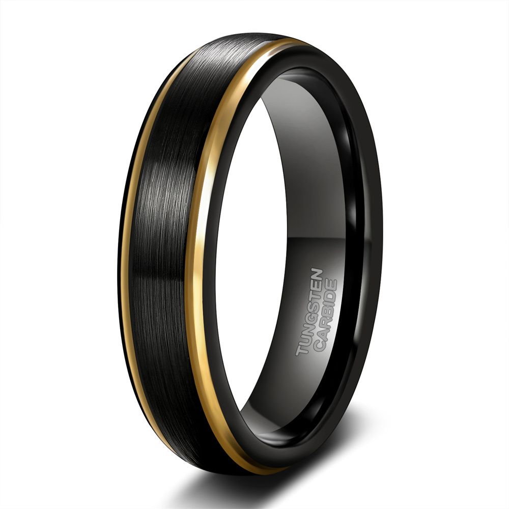 6mm Gold Edge Tungsten Rings Black Brushed Engagement Wedding Bands