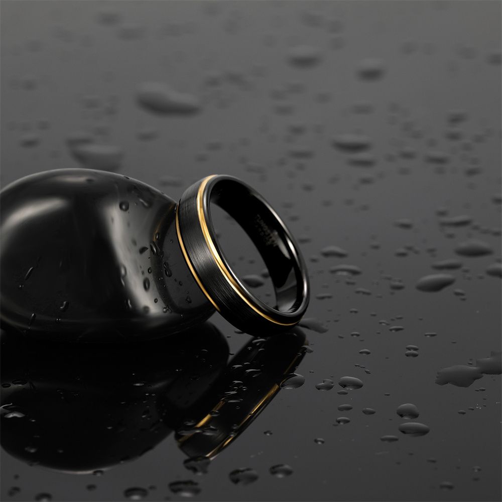 6mm Gold Edge Tungsten Rings Black Brushed Engagement Wedding Bands