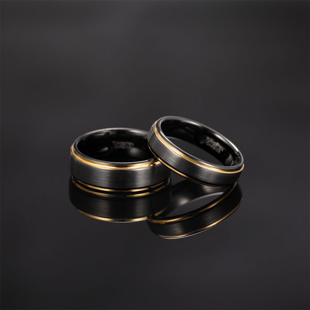 6mm Gold Edge Tungsten Rings Black Brushed Engagement Wedding Bands