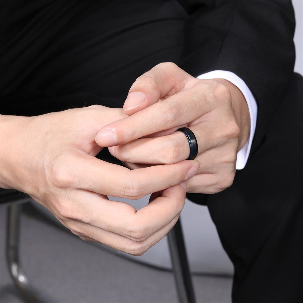 6mm Men Women Black Brushed Tungsten Carbide Ring Edge Blue Line Engagement Bands