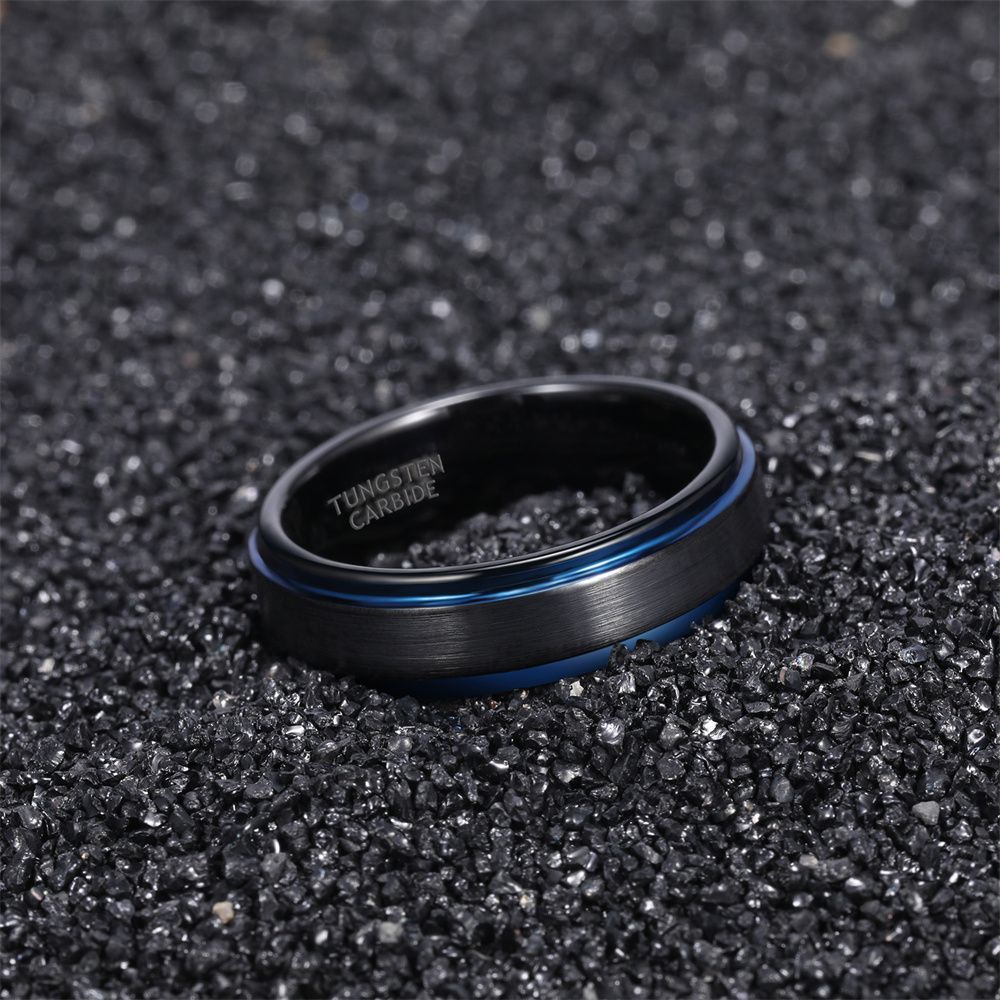 6mm Men Women Black Brushed Tungsten Carbide Ring Edge Blue Line Engagement Bands