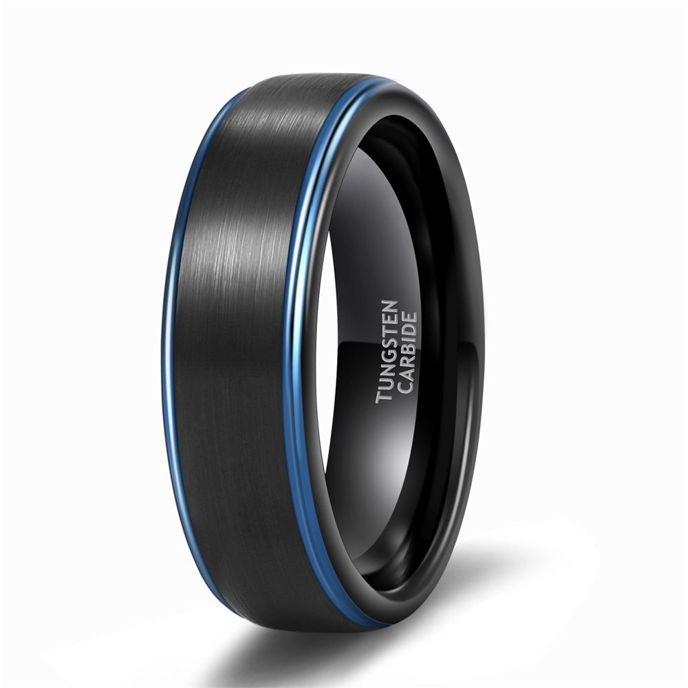 6mm Men Women Black Brushed Tungsten Carbide Ring Edge Blue Line Engagement Bands