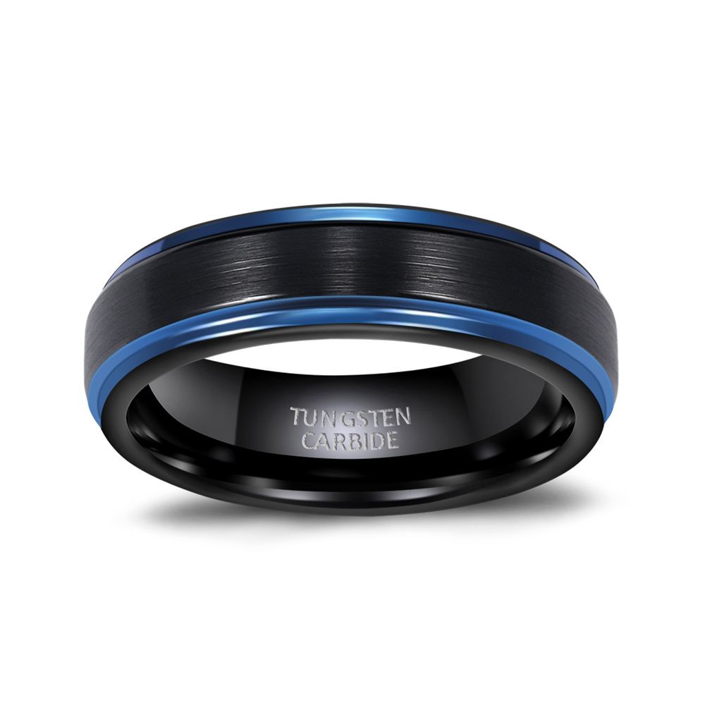 6mm Men Women Black Brushed Tungsten Carbide Ring Edge Blue Line Engagement Bands