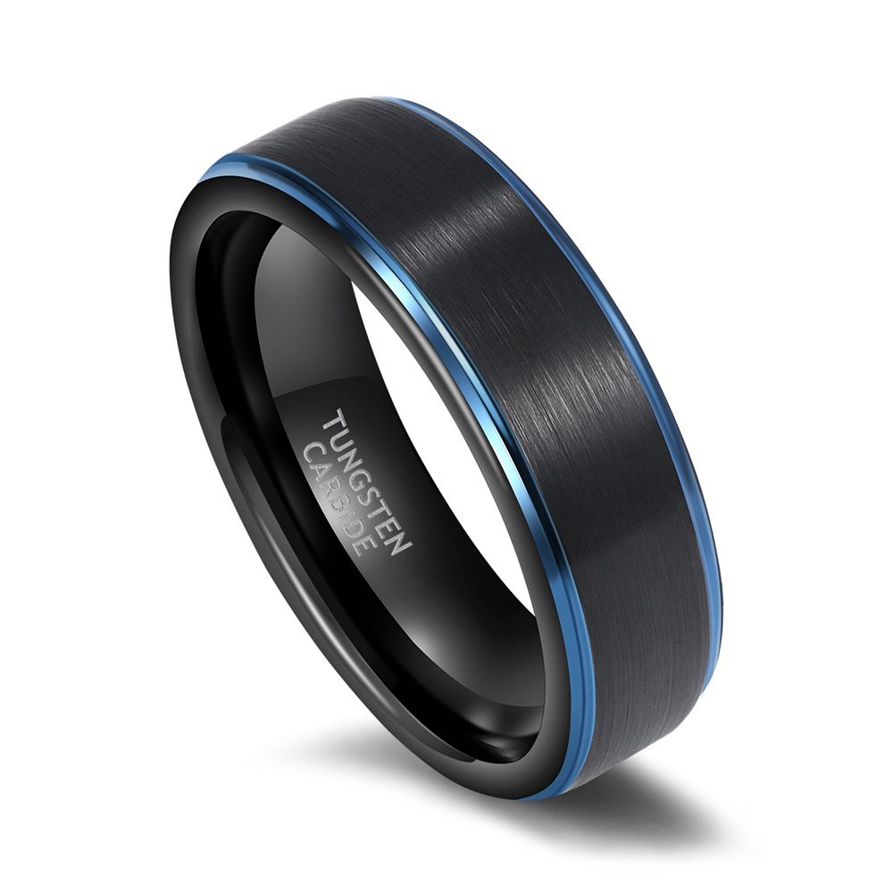 6mm Men Women Black Brushed Tungsten Carbide Ring Edge Blue Line Engagement Bands