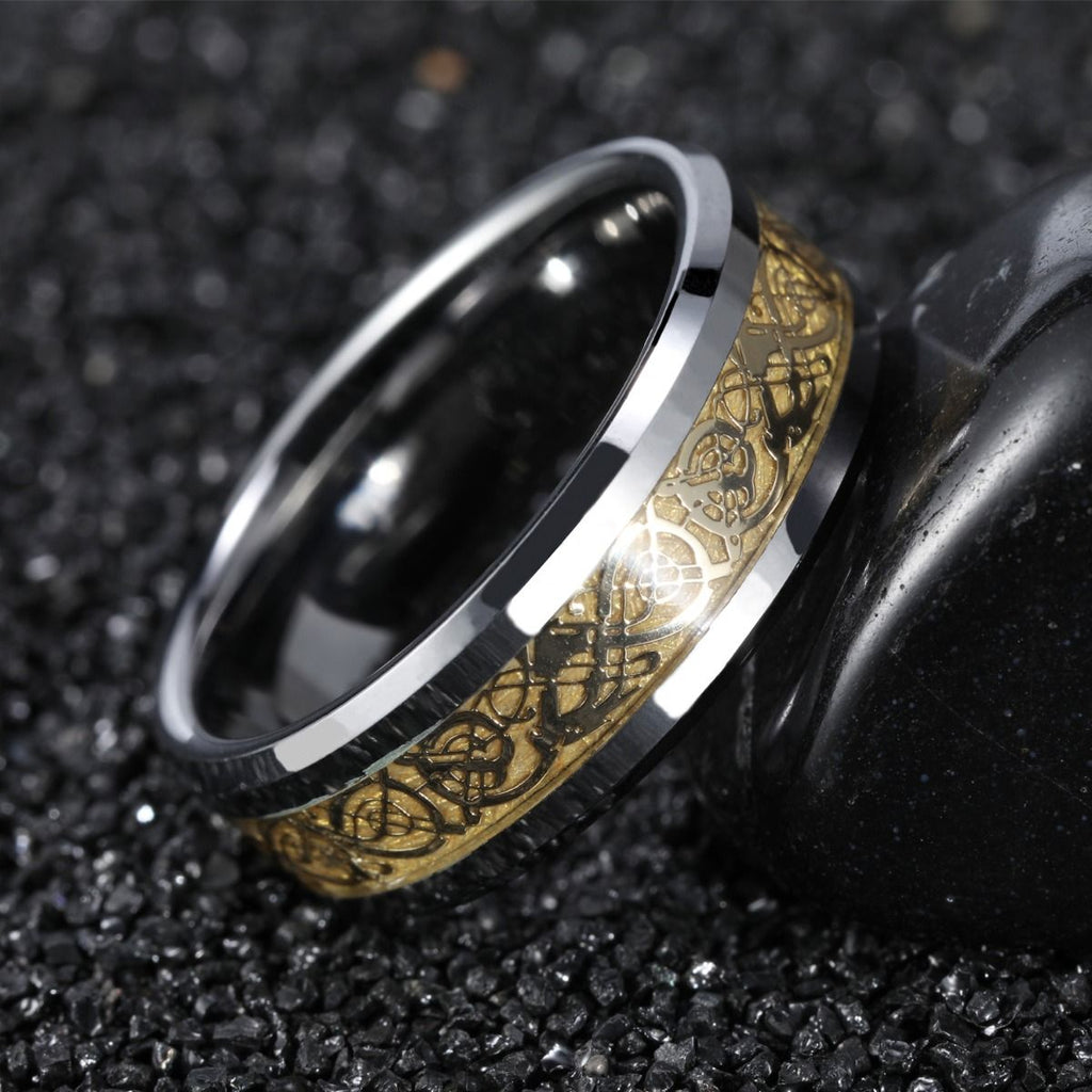 6mm Men Women Tungsten Carbide Ring Gold Dragon Inlay Polished Wedding Bands