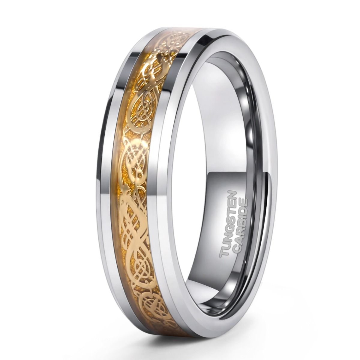 6mm Men Women Tungsten Carbide Ring Gold Dragon Inlay Polished Wedding Bands