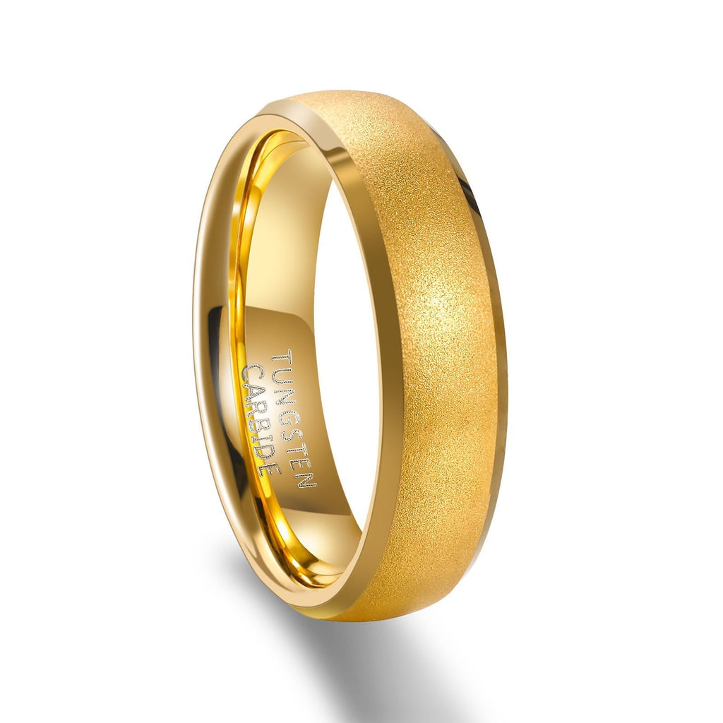 6MM Sandblasted Beveled Polished Edge 24K Gold Plated Tungsten Carbide Rings