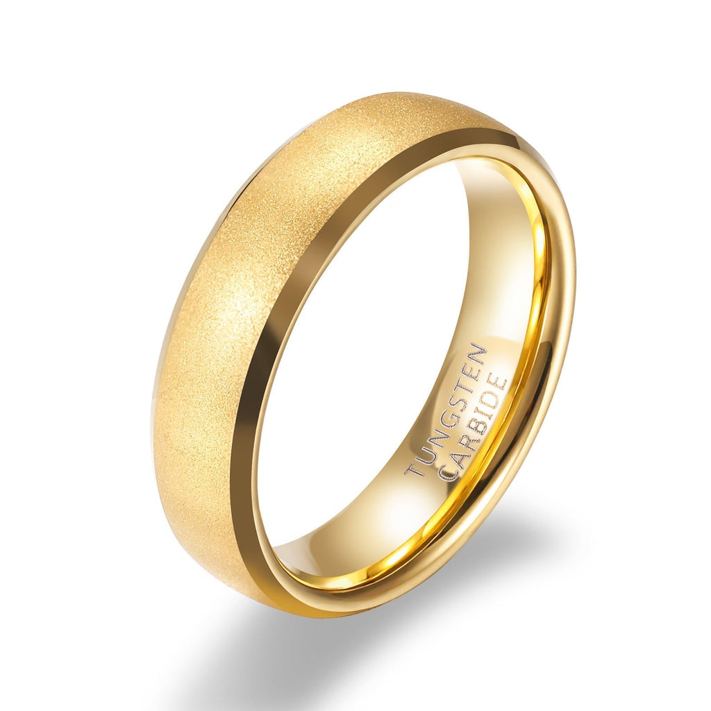6MM Sandblasted Beveled Polished Edge 24K Gold Plated Tungsten Carbide Rings