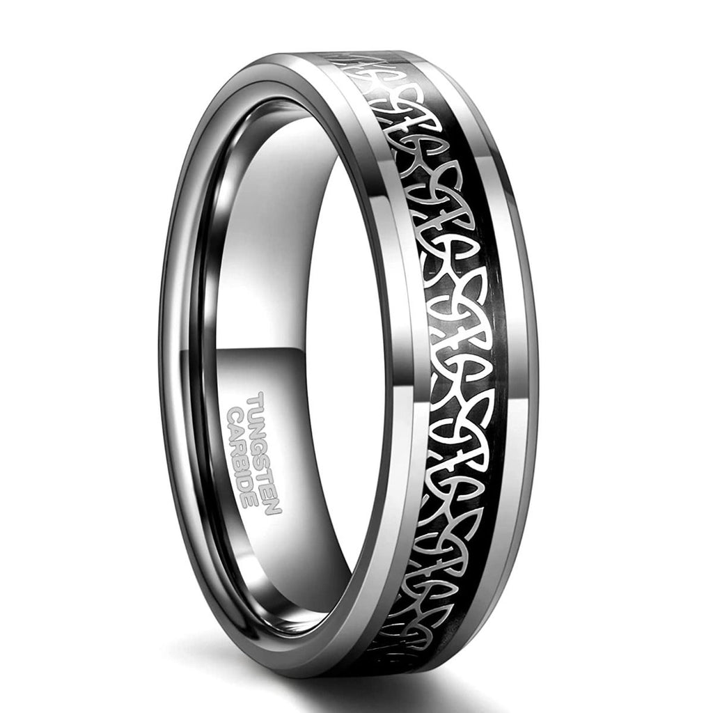 6mm Tungsten Carbide Rings Men Women Silver Beveled Edge Celtic Knot Rings Black Carbon Fiber Inlay Ring