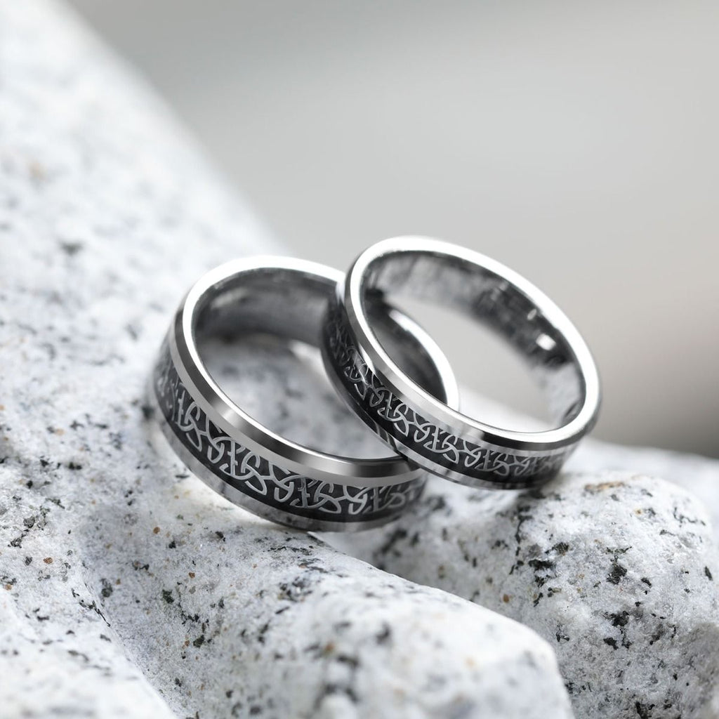 6mm Tungsten Carbide Rings Men Women Silver Beveled Edge Celtic Knot Rings Black Carbon Fiber Inlay Ring