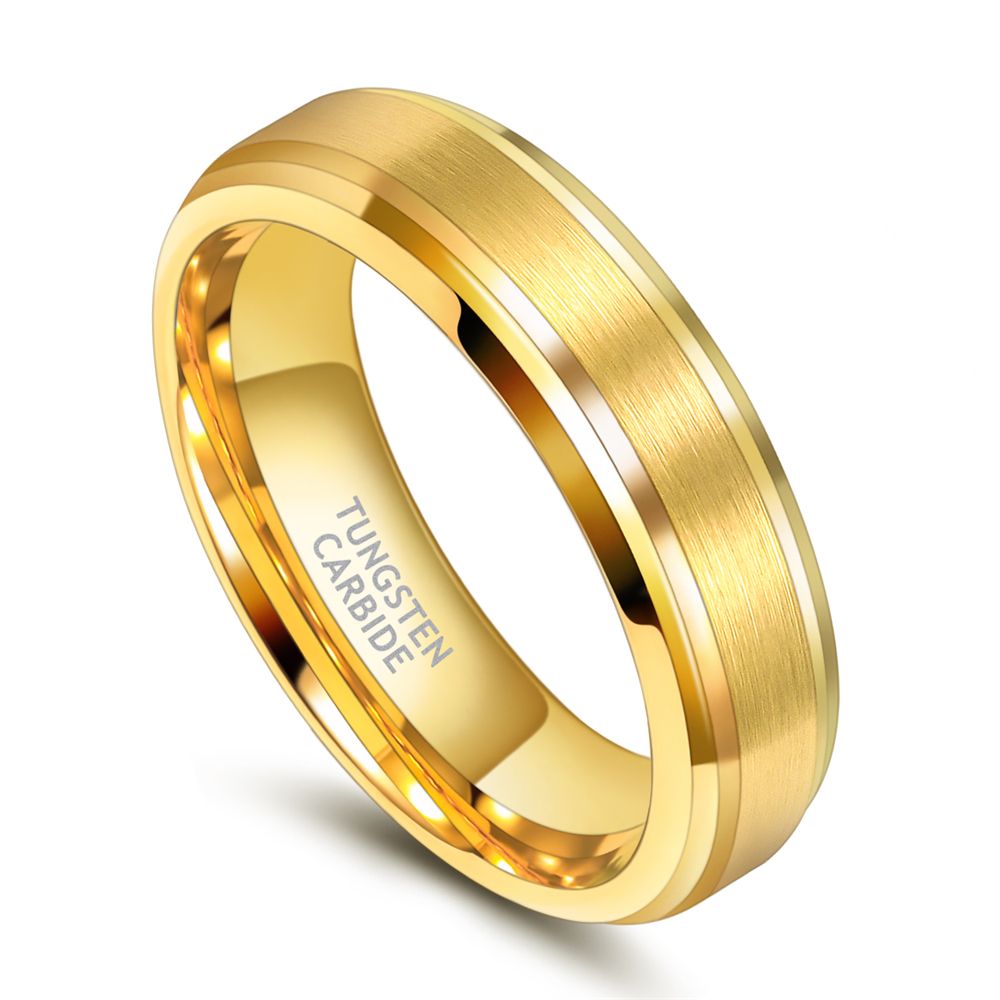 6mm Tungsten Ring 24K Gold Plated Brushed Ring Wedding Bands