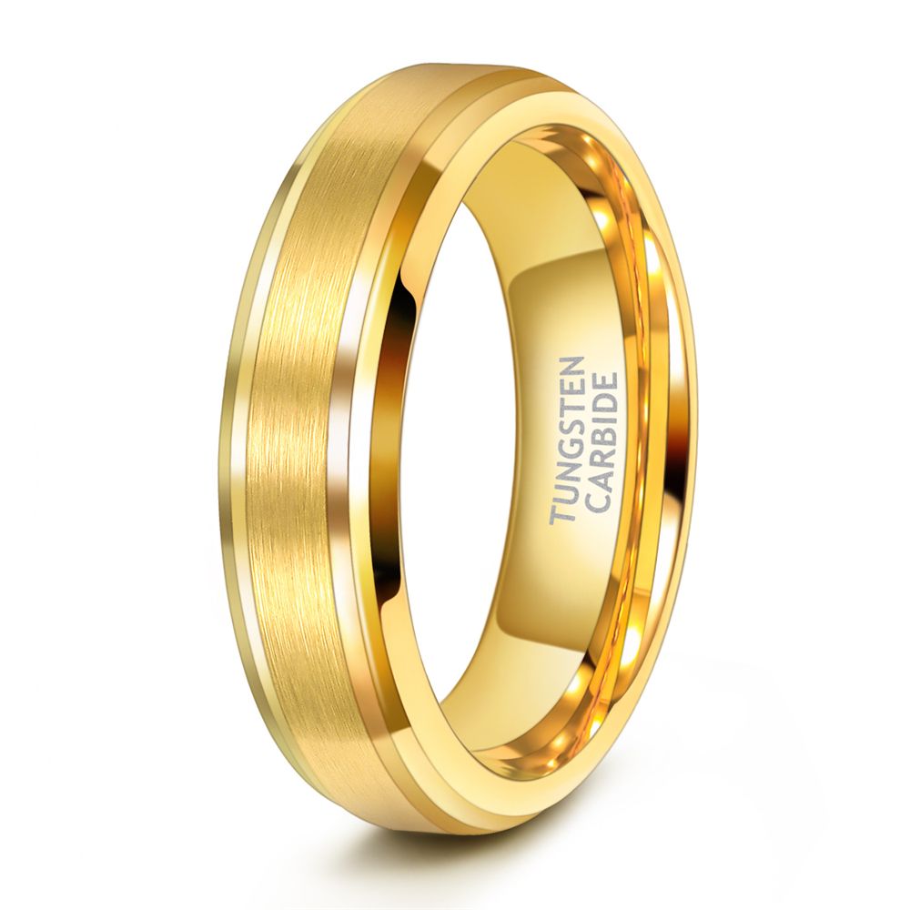 6mm Tungsten Ring 24K Gold Plated Brushed Ring Wedding Bands