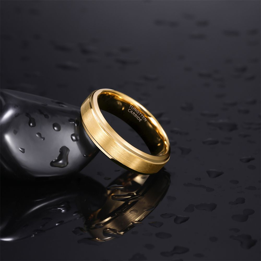 6mm Tungsten Ring 24K Gold Plated Brushed Ring Wedding Bands