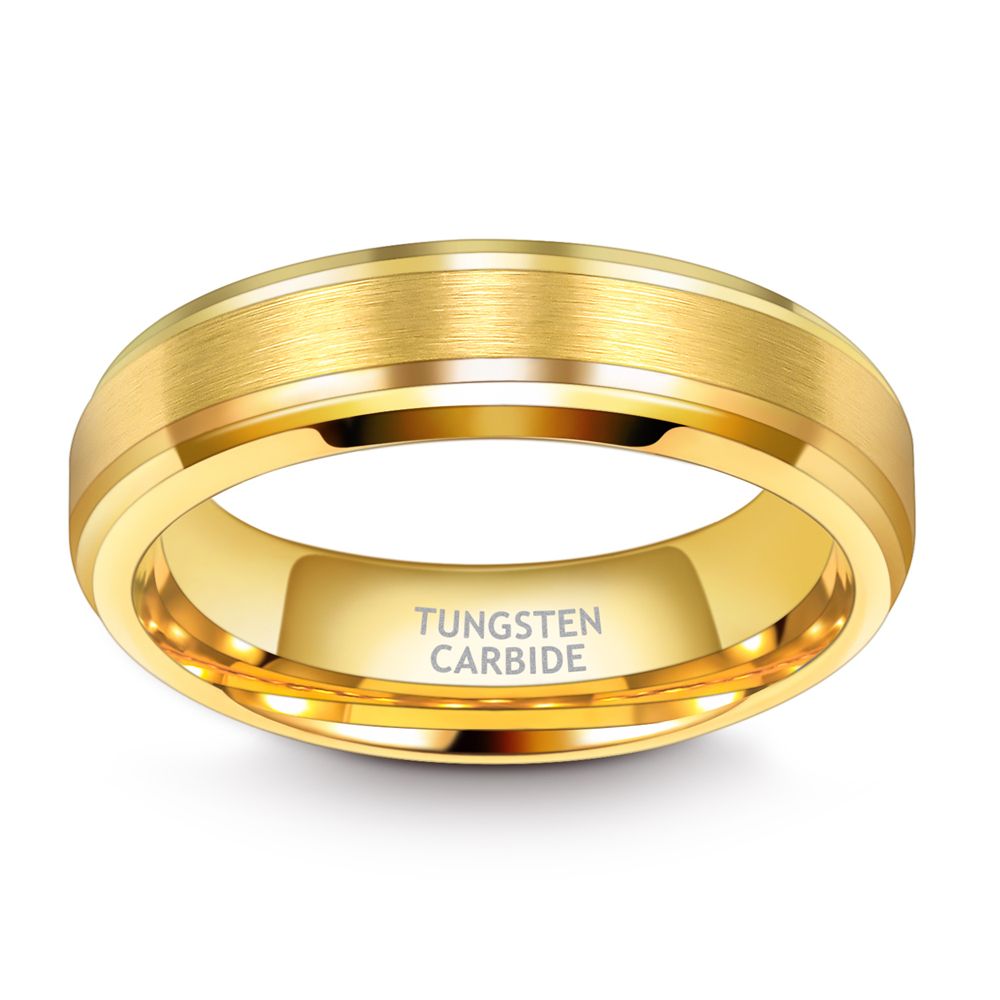 6mm Tungsten Ring 24K Gold Plated Brushed Ring Wedding Bands