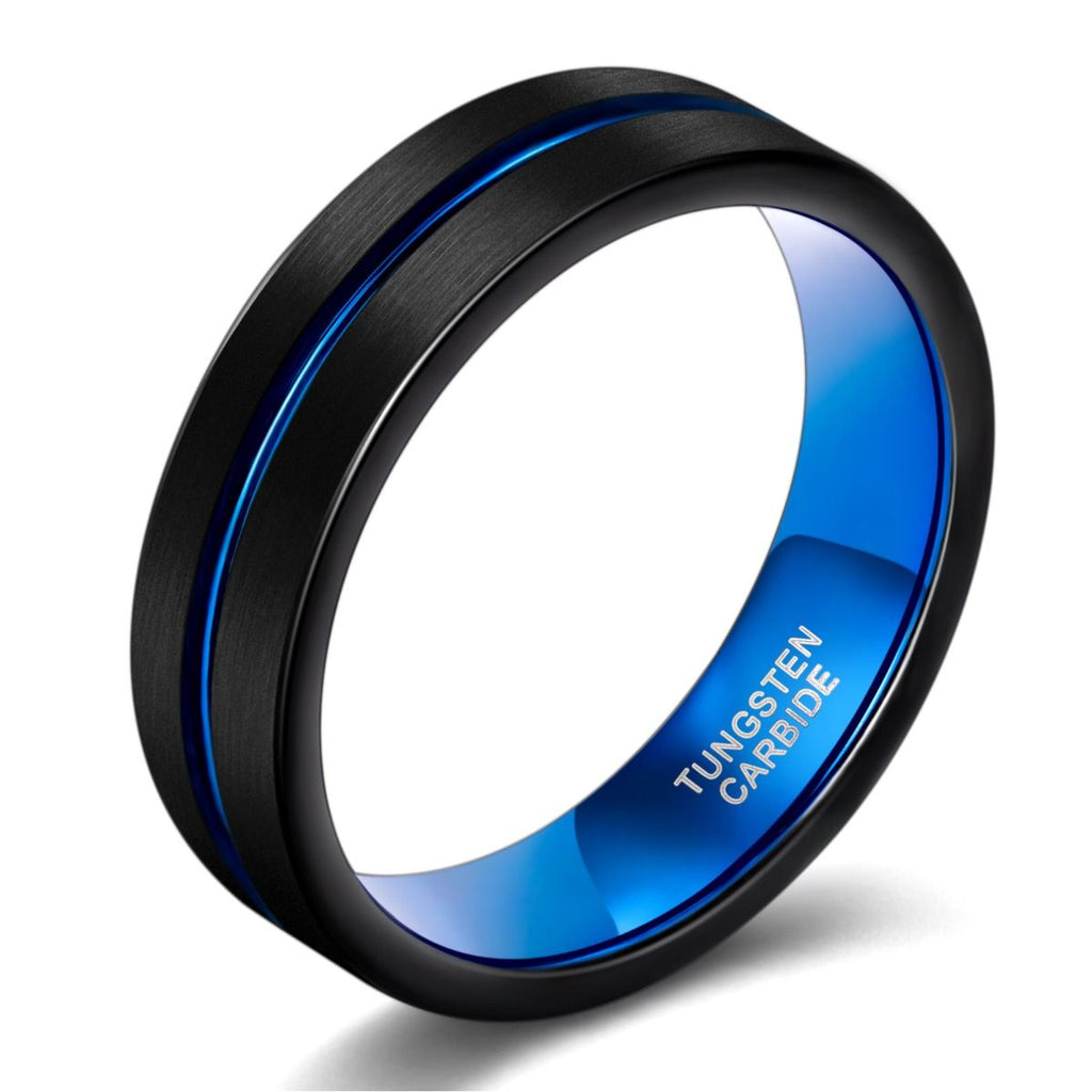 6mm Wedding Band Tungsten Carbide Rings Men Women Blue Groove Matte Finish Ring