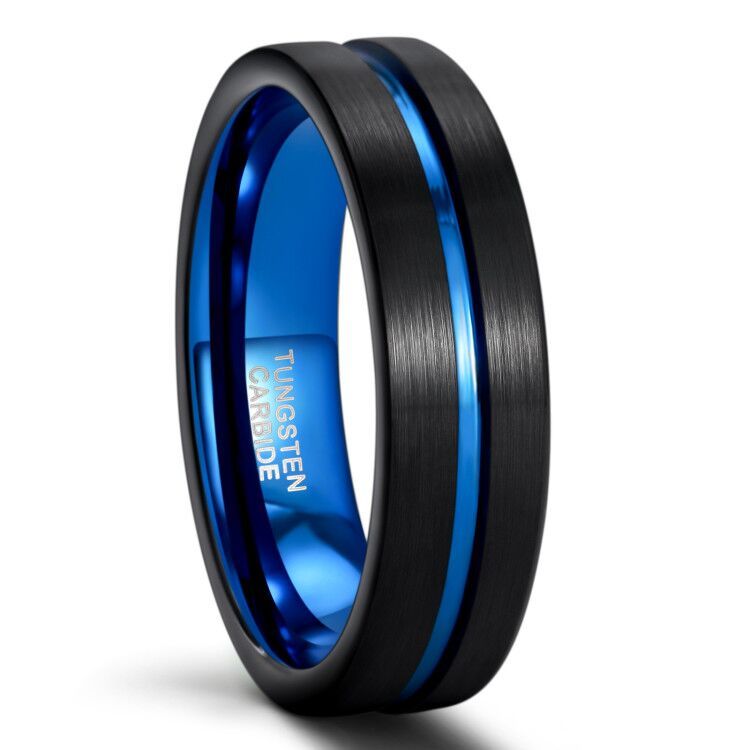 6mm Wedding Band Tungsten Carbide Rings Men Women Blue Groove Matte Finish Ring